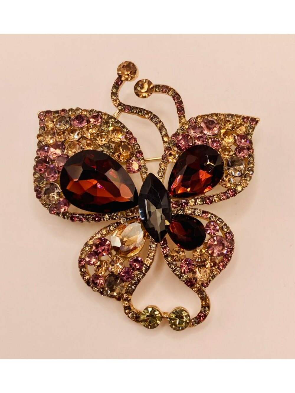 Crystal Butterfly Brooch Pin Multicolor Rhinestones Gold Tone -62B
